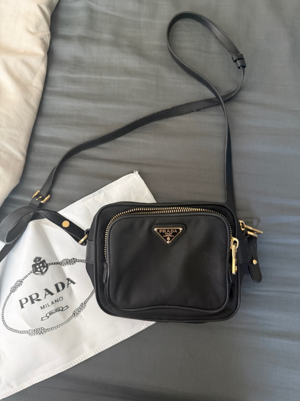 Prada Black Nylon Shoulder Pouch with Gold-Tone Triangle Logo